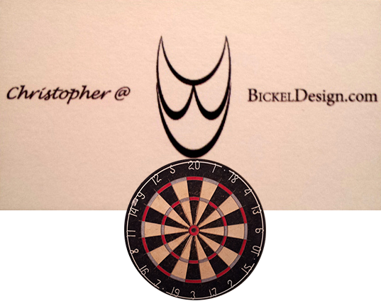 Bickel Design business card with logo and christopher@bickeldesign.com as the email address.